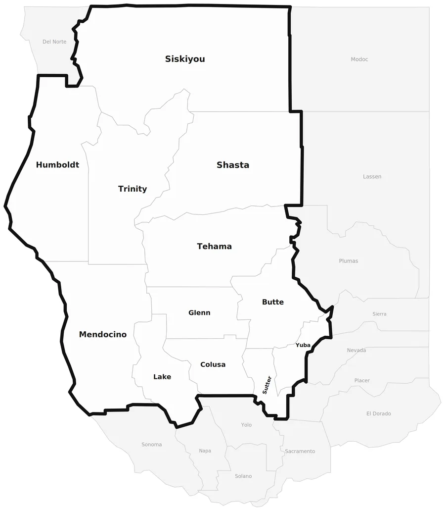 Map of the twelve Northern California counties AHT serves: Siskiyou, Humboldt, Trinity, Shasta, Tehama, Mendocino, Glenn, Butte, Lake, Colusa, Yuba and Sutter